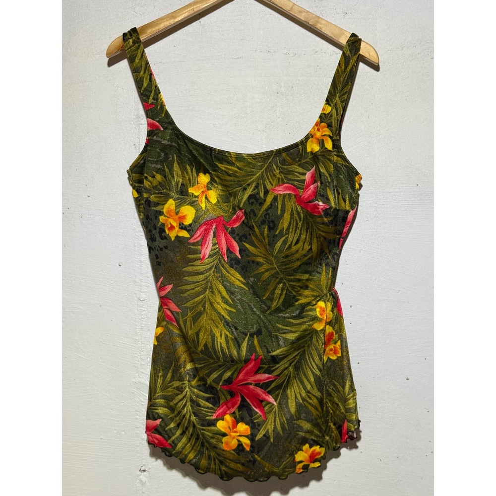 Longitude Womens 14 Tropical Floral Swimdress One Piece Swimsuit Soft Cup Green
